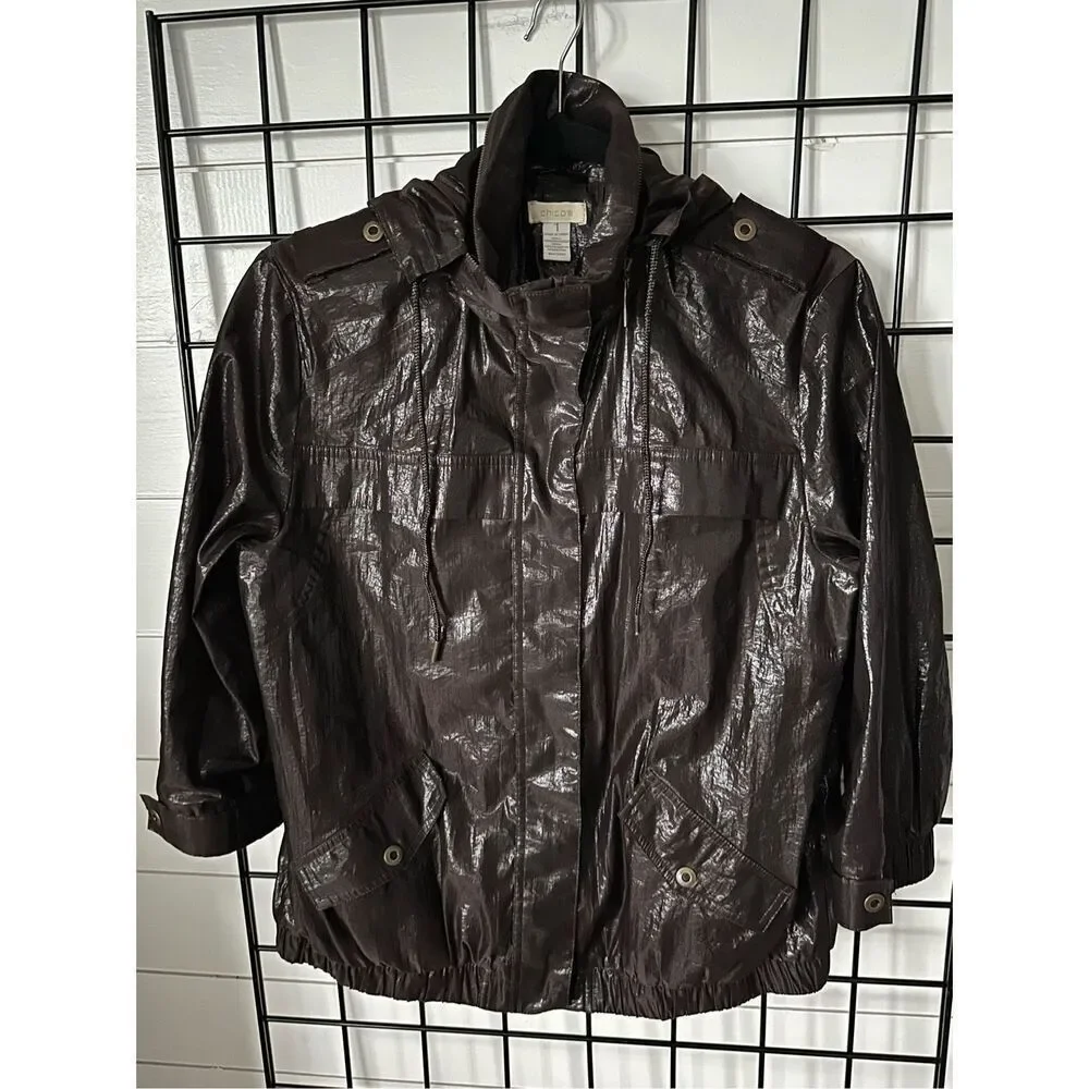Chico's Size‎ 1 Jacket Coat Womens Medium 3/4 Sleeve Hooded Shiny Brown Pockets